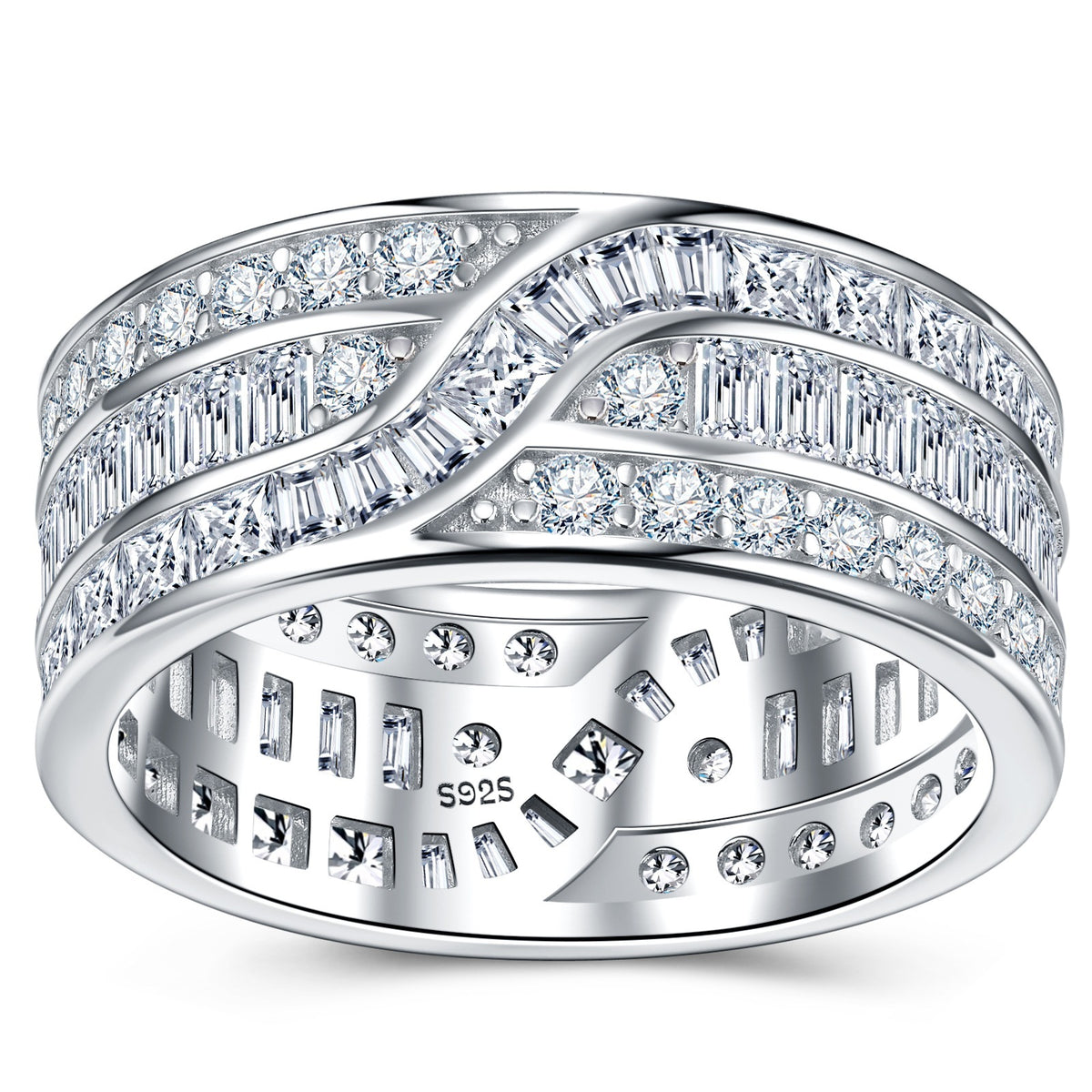 S925 silver moissanite eternity ring with baguette and round stones