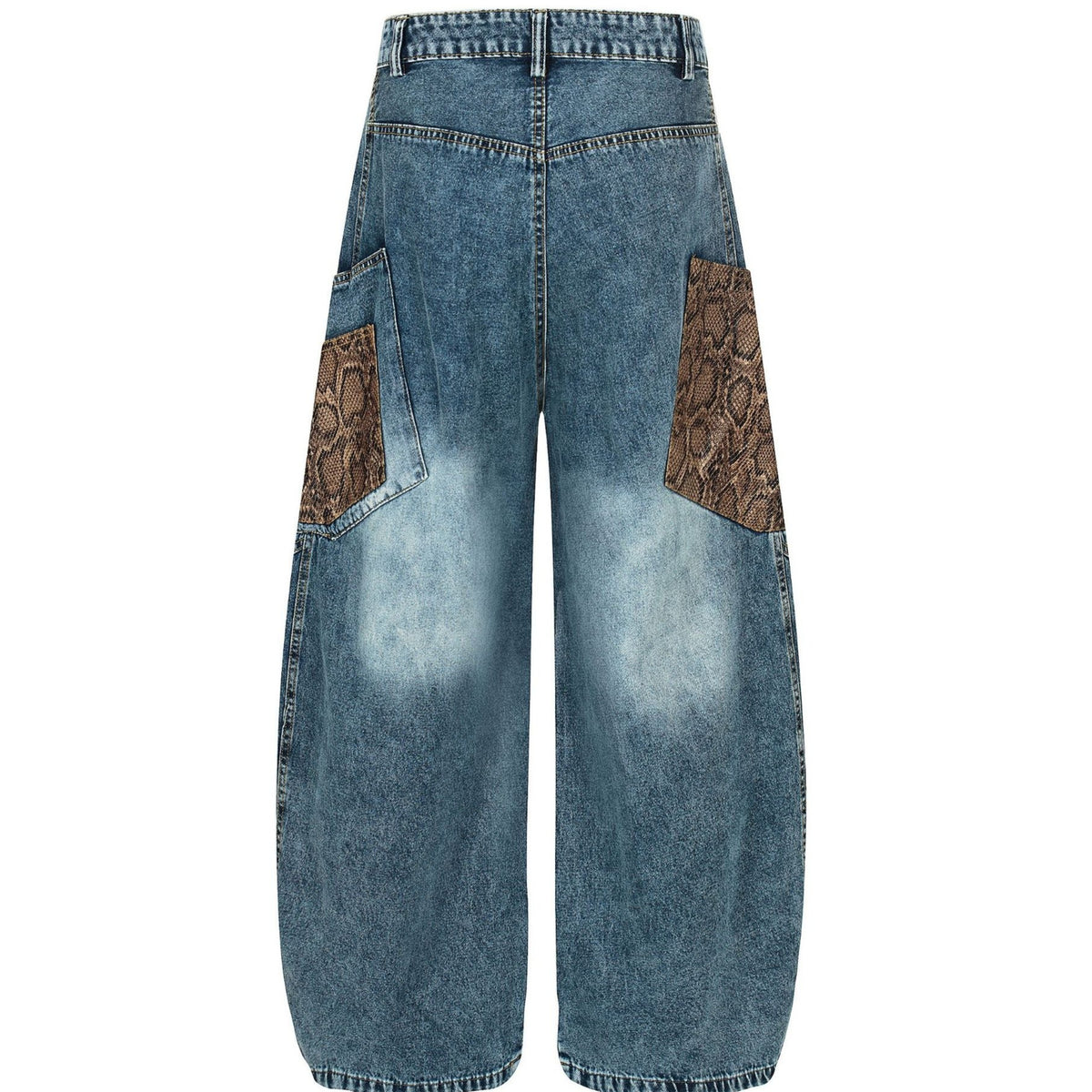 Men's retro washed wide-leg jeans back view — blue denim with snake print patchwork pockets | FreyaVibe