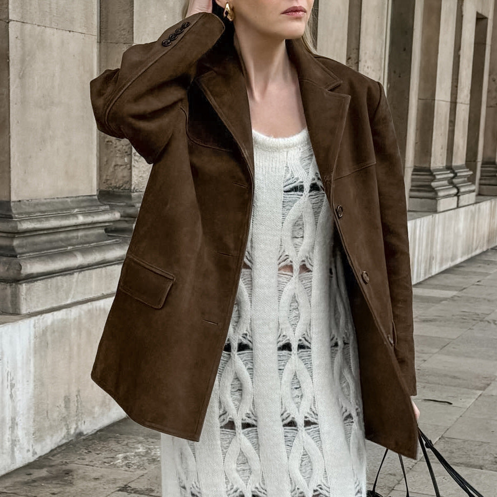 Brown suede lapel jacket women loose fit – front view