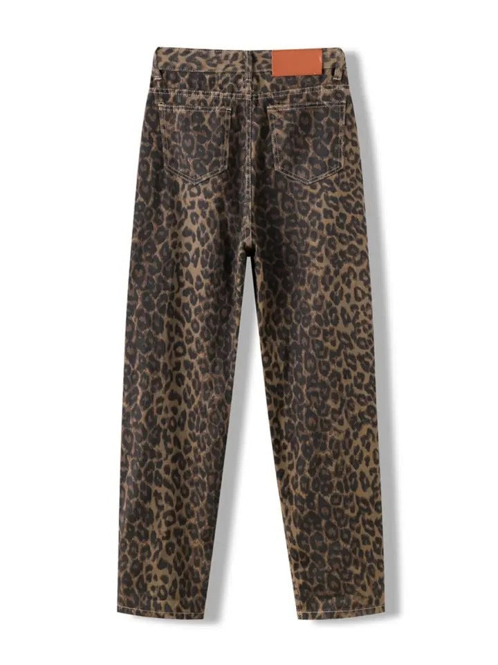 FreyaVibe vintage leopard print loose jeans dark brown — back view flat lay with tan leather waistband label