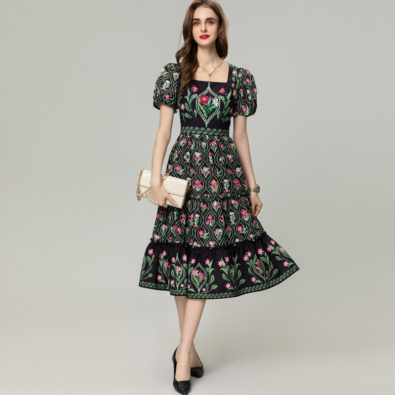 Vintage floral print A-line midi dress in botanical print — FV London