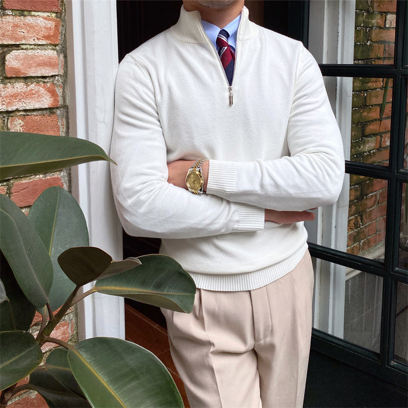 Men’s long-sleeved quarter-zip knit sweater for smart-casual styling