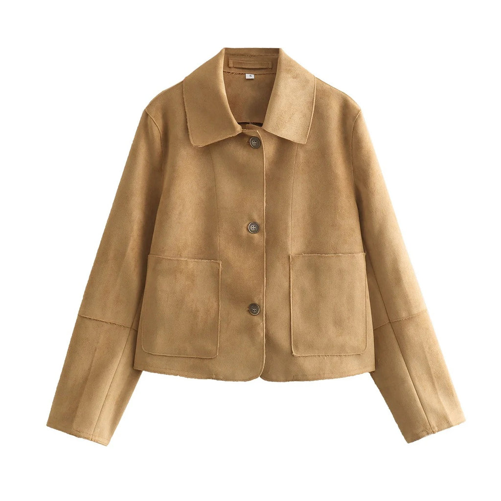 Suede Fabric Jacket Coat FV — back view, relaxed fit dark brown suede jacket | FreyaVibe