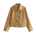 Suede Fabric Jacket Coat FV — back view, relaxed fit dark brown suede jacket | FreyaVibe