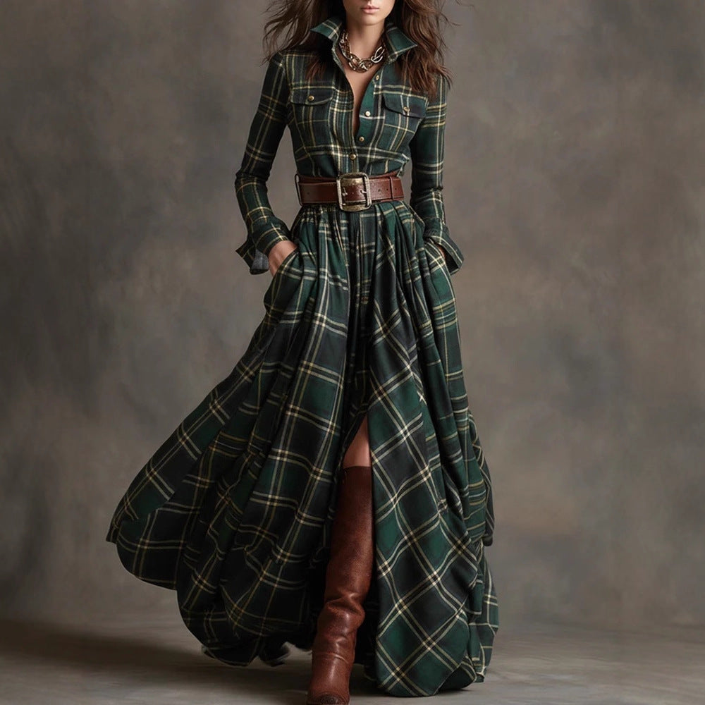 Plaid Shirt Maxi Dress FV — pocket detail, functional side pockets | FreyaVibe"