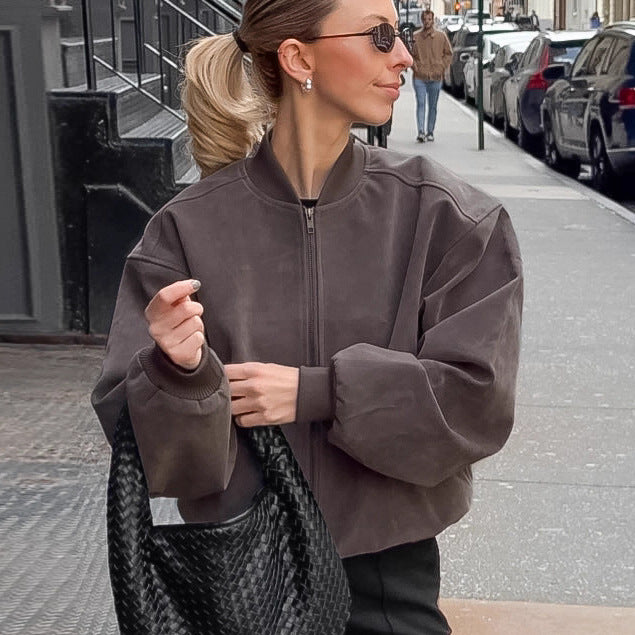 Stand Collar Suede Bomber Jacket FV in grey – front view