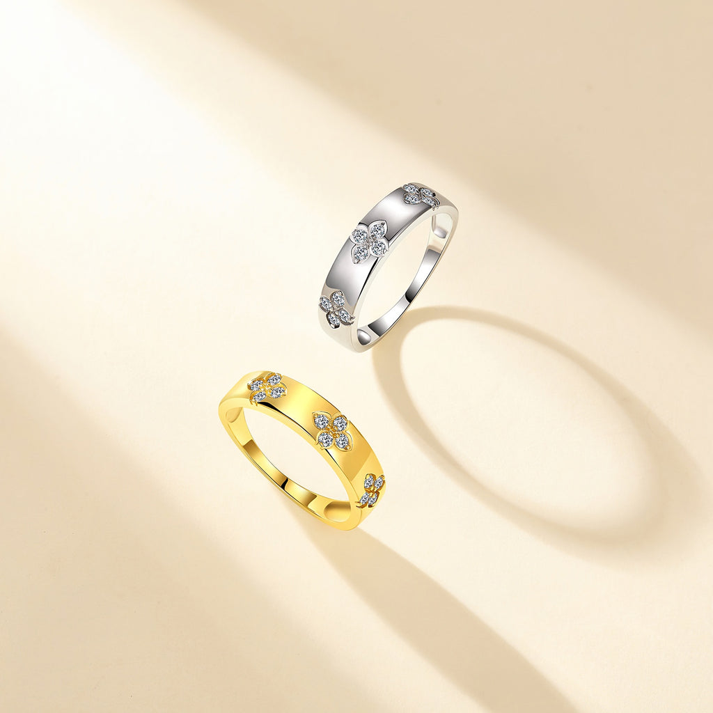 S925 silver floral cluster moissanite ring in gold and silver finish on white background