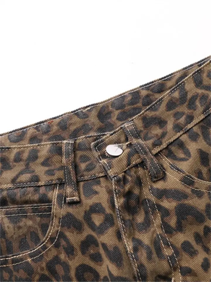 FreyaVibe vintage cream leopard print loose jeans — full length front view unisex wide-leg cotton denim