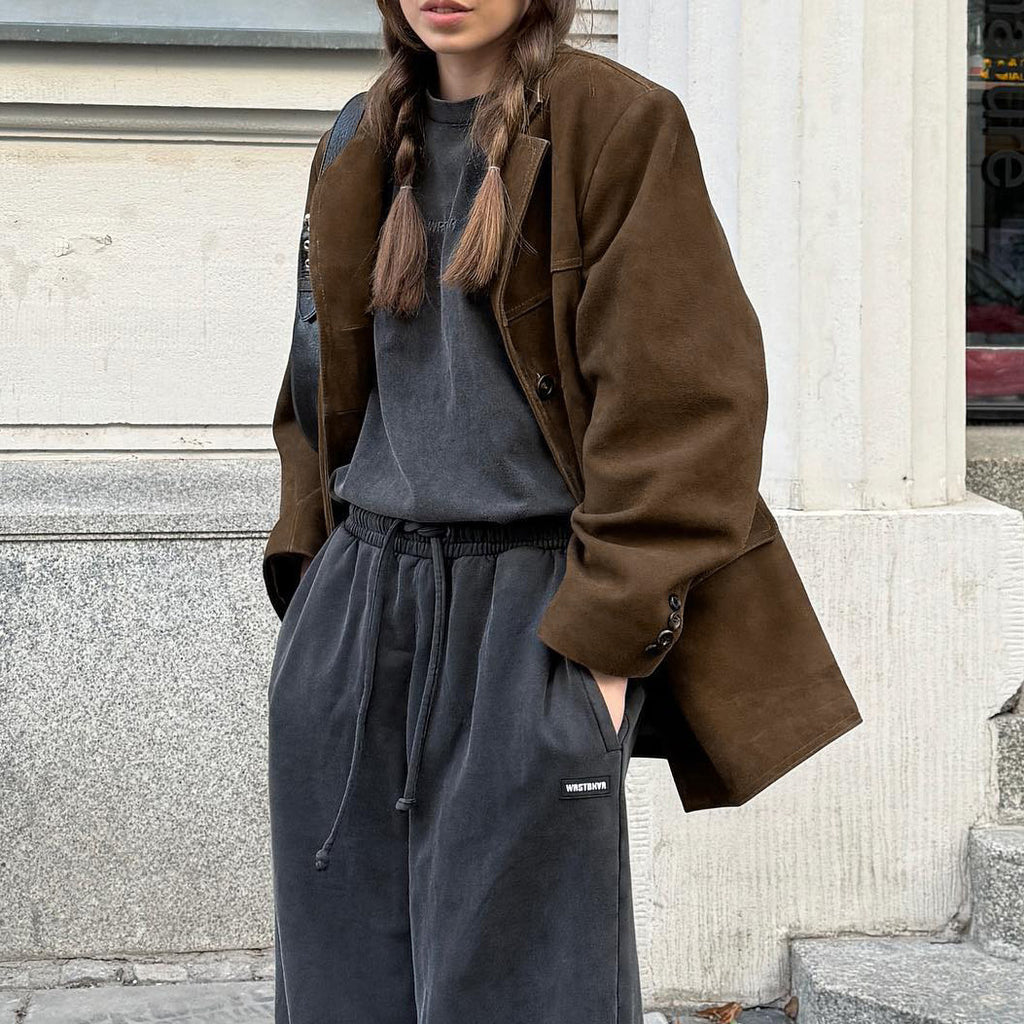 Women's oversized faux suede coat brown – full length