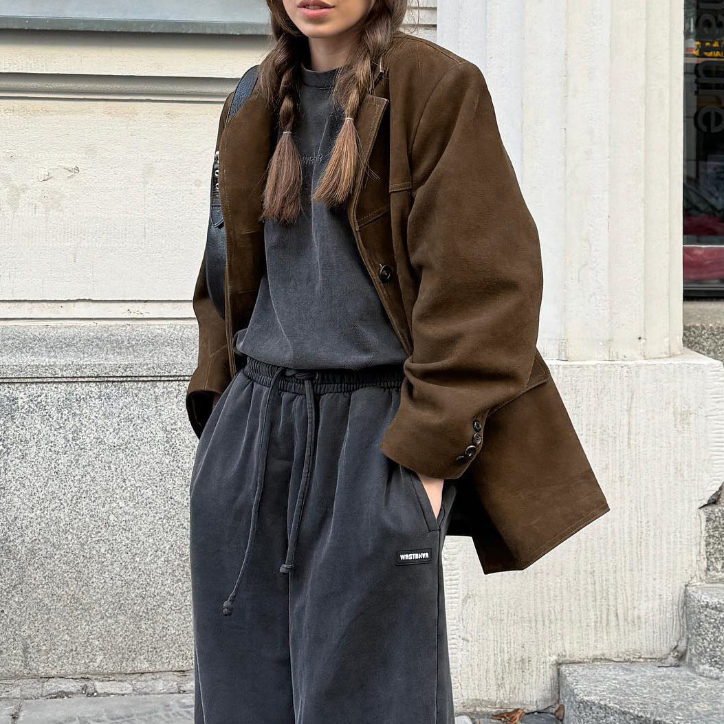 Women's oversized faux suede coat brown – full length