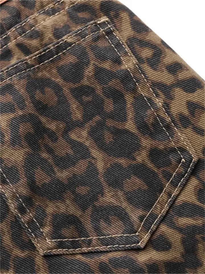 FreyaVibe vintage cream leopard print loose jeans — full length front view unisex wide-leg cotton denim