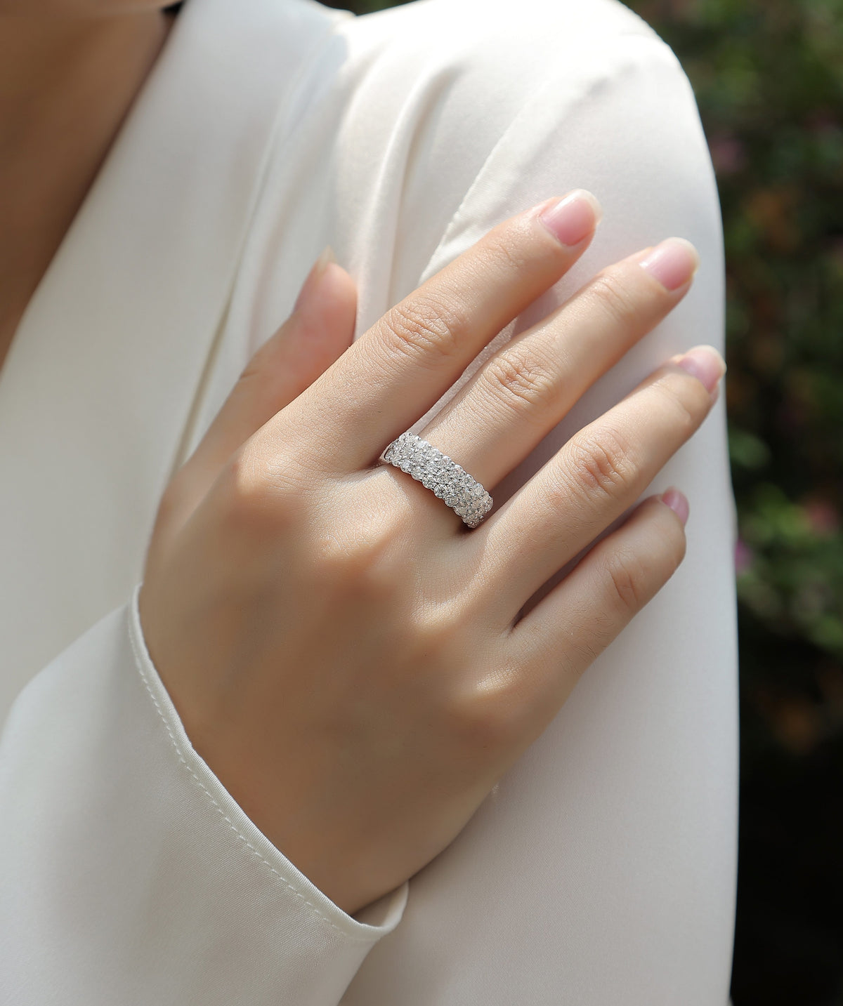 Phantom moissanite wedding ring S925 silver platinum finish on white background
