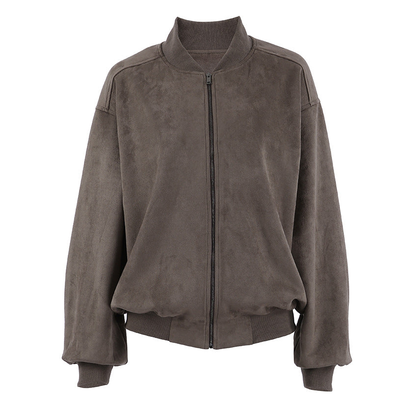 Grey suede bomber jacket stand collar detail – close up