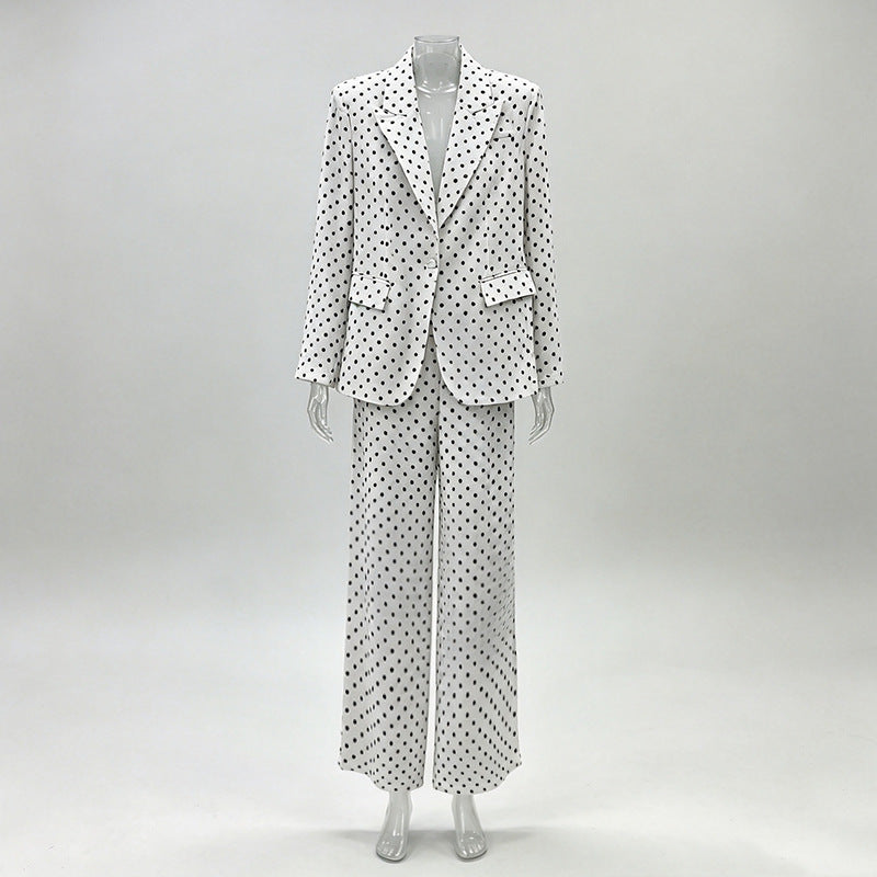 Polka dot blazer and wide leg trouser suit set – detail view showing notched lapel collar and polka dot print
