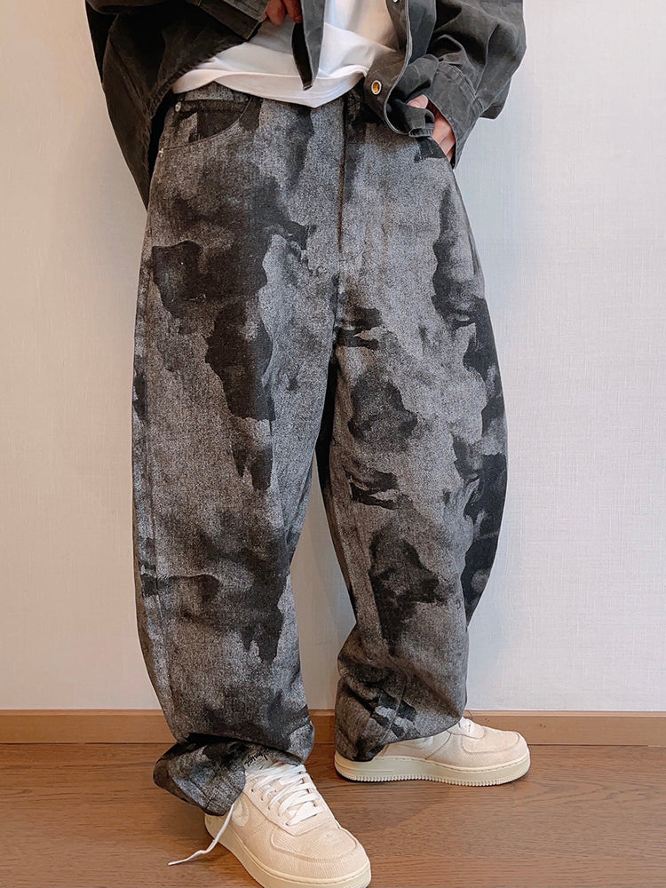 FreyaVibe men's grey black tie-dye loose jeans — alternative side view showing low-crotch flare fit and print detail