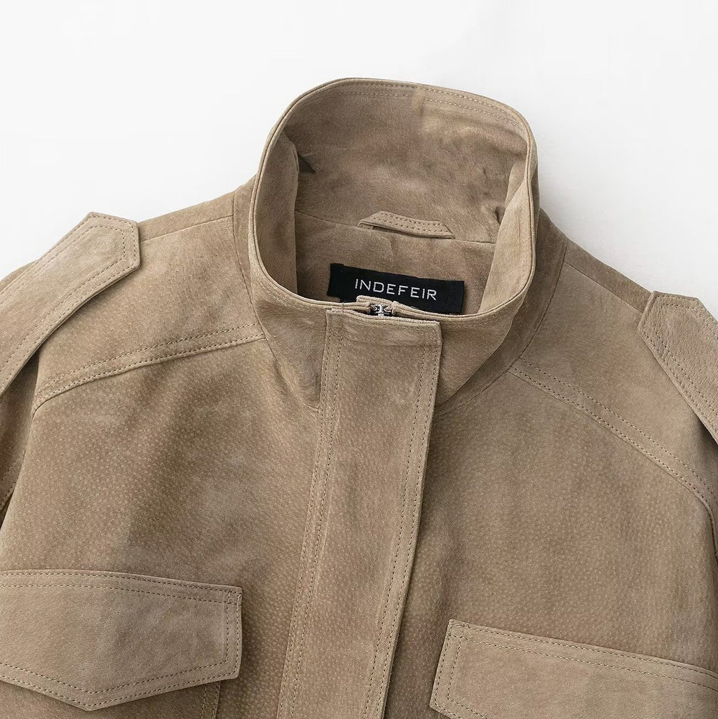 Women's suede leather coat sleeve and cuff detail