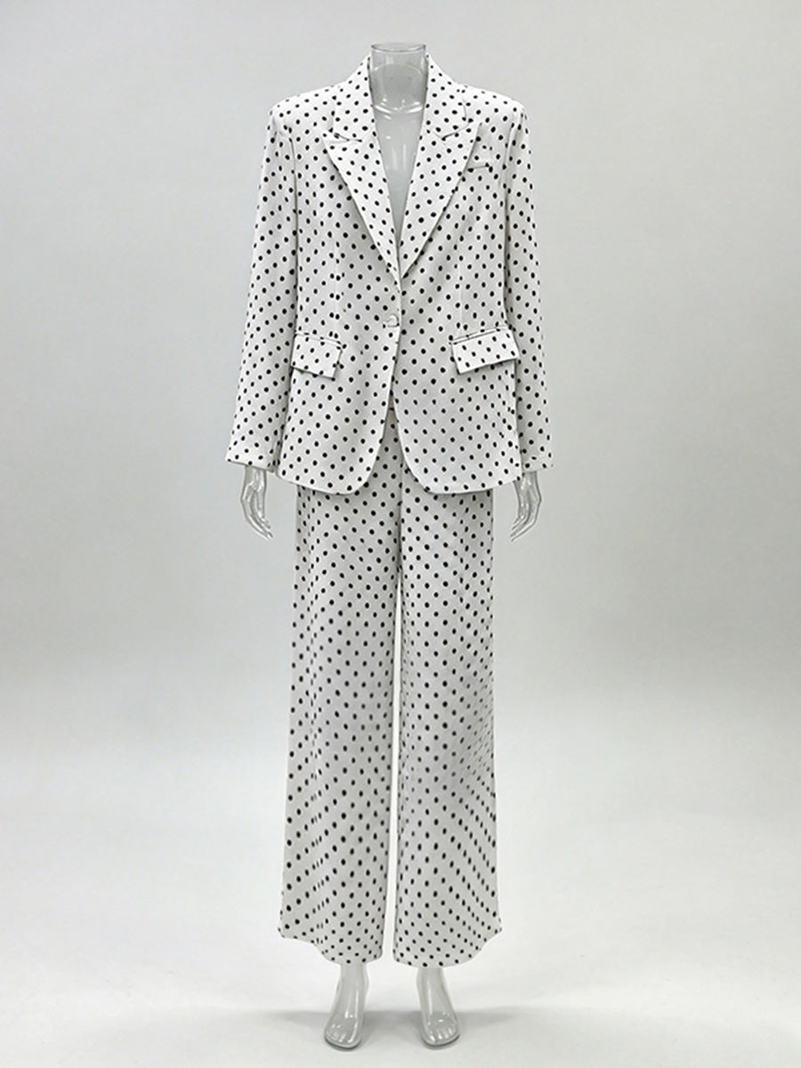 Polka dot blazer and wide leg trouser suit set in white – flat-lay front view showing single button blazer and wide leg trousers
