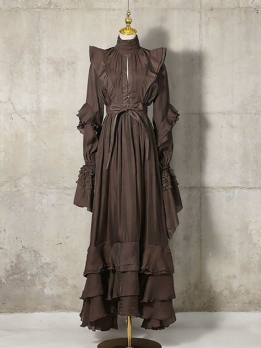 Victorian Ruffle High Neck Maxi Dress in coffee brown — floor-length gothic romantic occasionwear by FreyaVibe London