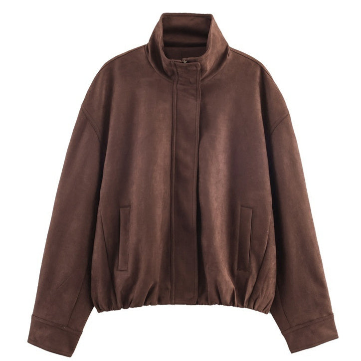 Women's minimalist suede jacket coat in picture colour – front view