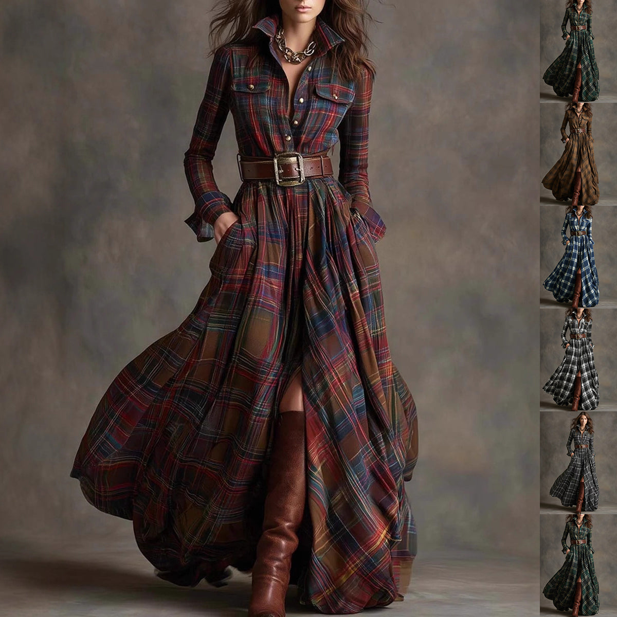 Plaid Shirt Maxi Dress FV — front view, collared button-down long dress with pockets | FreyaVibe"