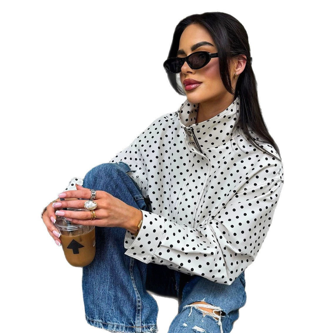 Polka dot cropped jacket in white – on model view showing relaxed fit and drawstring waist detail
