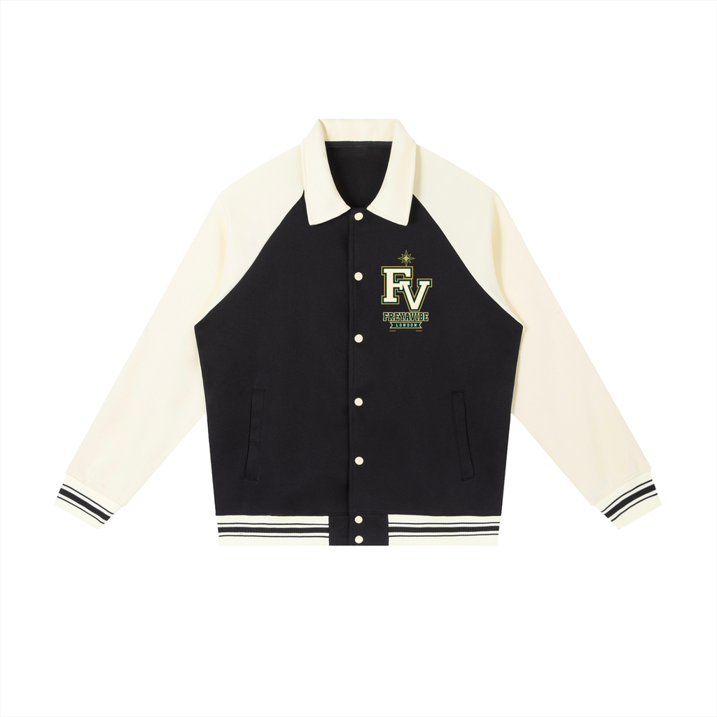 Men’s contrast varsity baseball jacket front view