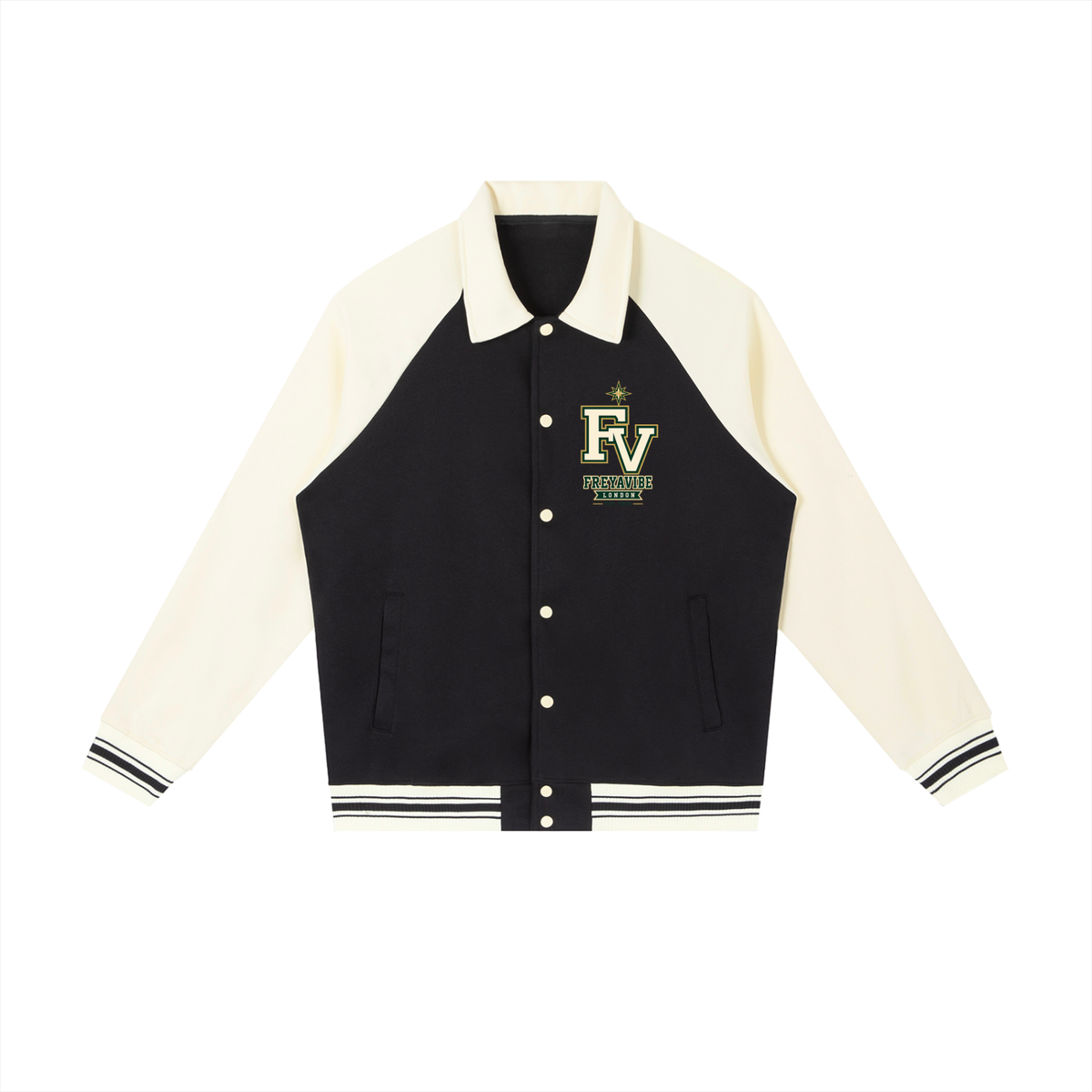Men’s contrast varsity baseball jacket front view