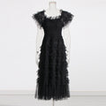 Black polka dot mesh maxi dress – high waist long dress for women