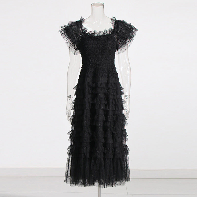 Black polka dot mesh maxi dress – high waist long dress for women