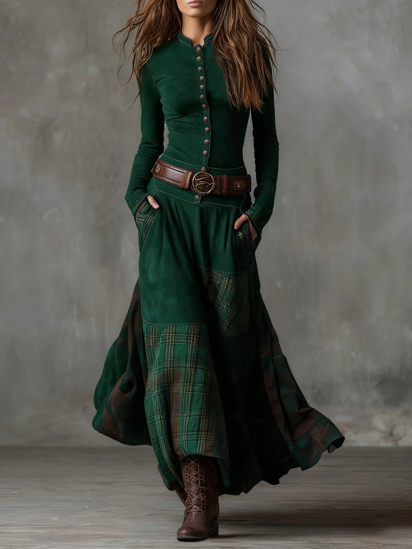 FreyaVibe Moorland Patchwork Maxi Dress in green — countryside heritage style, wide-leg maxi length