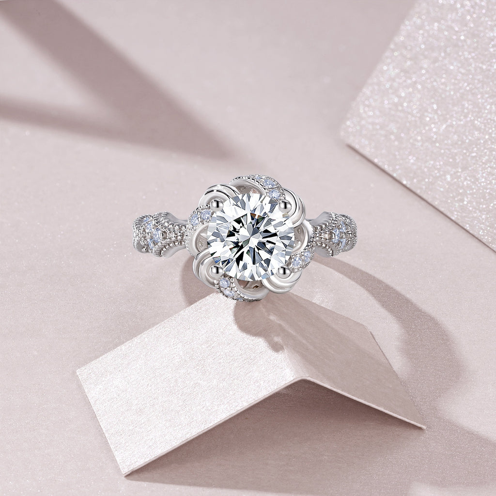 2-carat moissanite ring close-up brilliant cut stone platinum plated silver band
