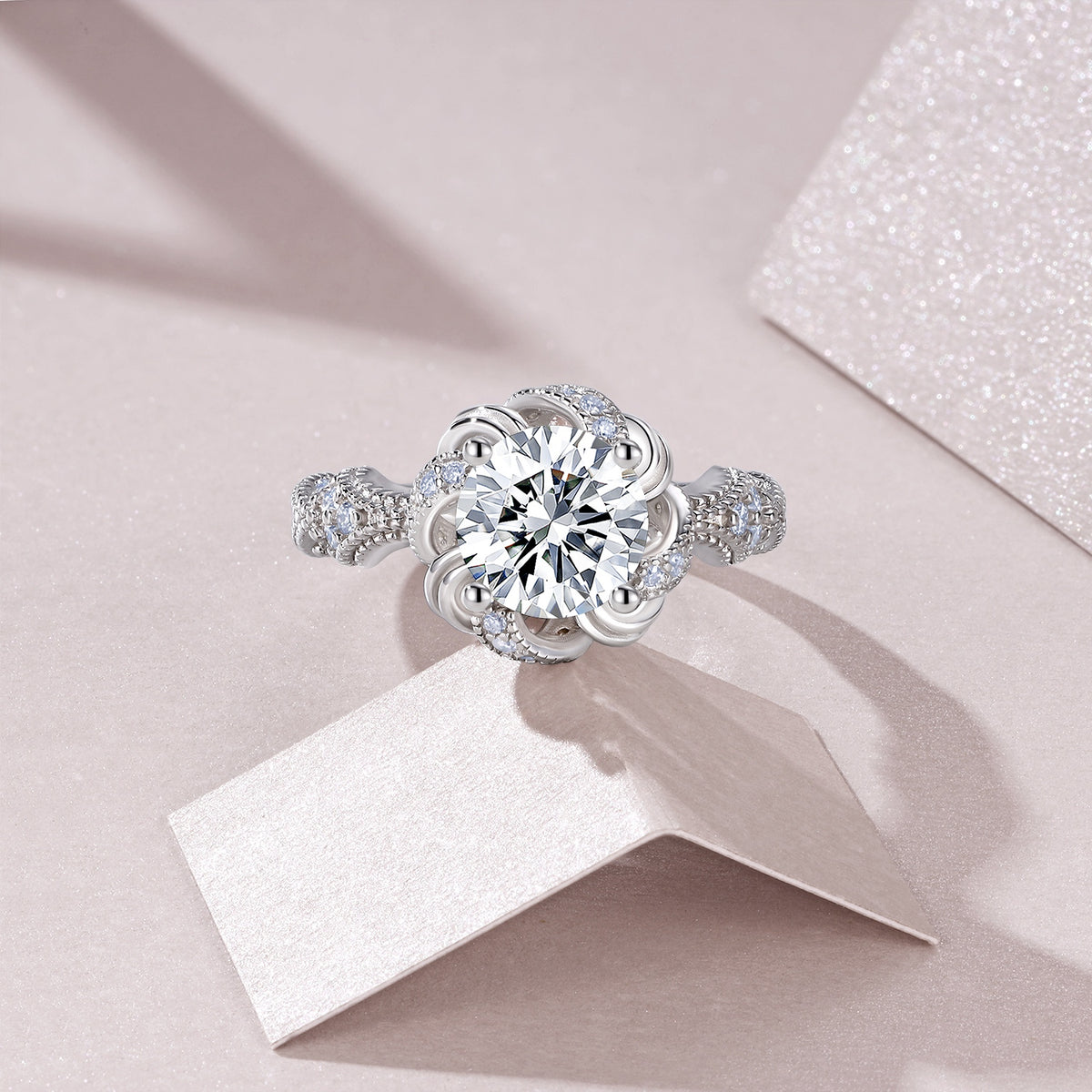 2-carat moissanite ring close-up brilliant cut stone platinum plated silver band