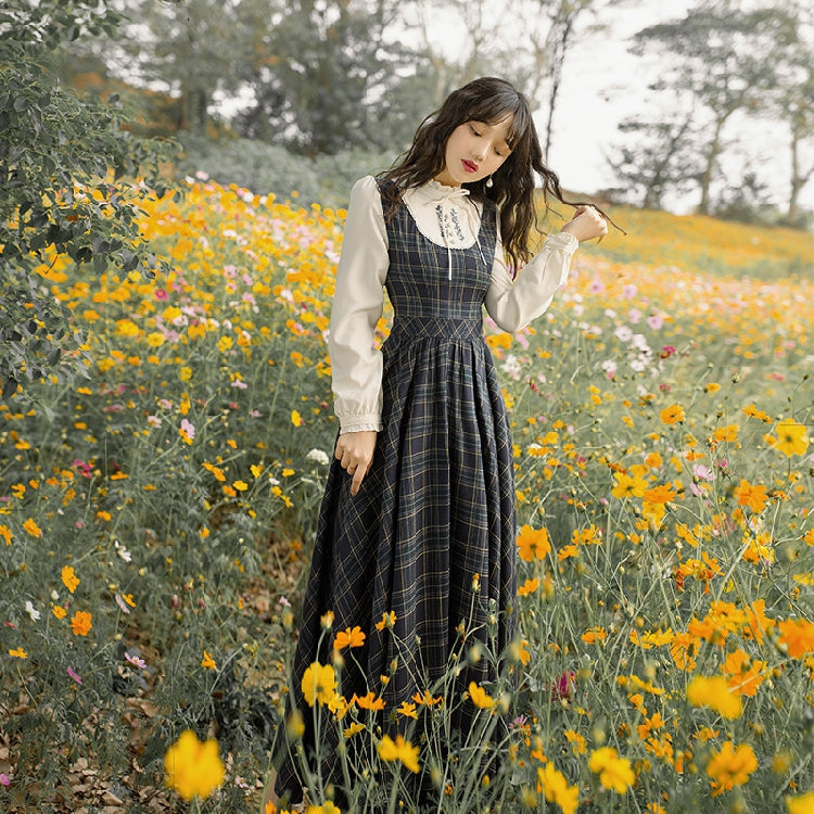 The Countryside Plaid Pinafore Dress FV — full length front view, dark plaid A-line swing skirt with white blouse underlay