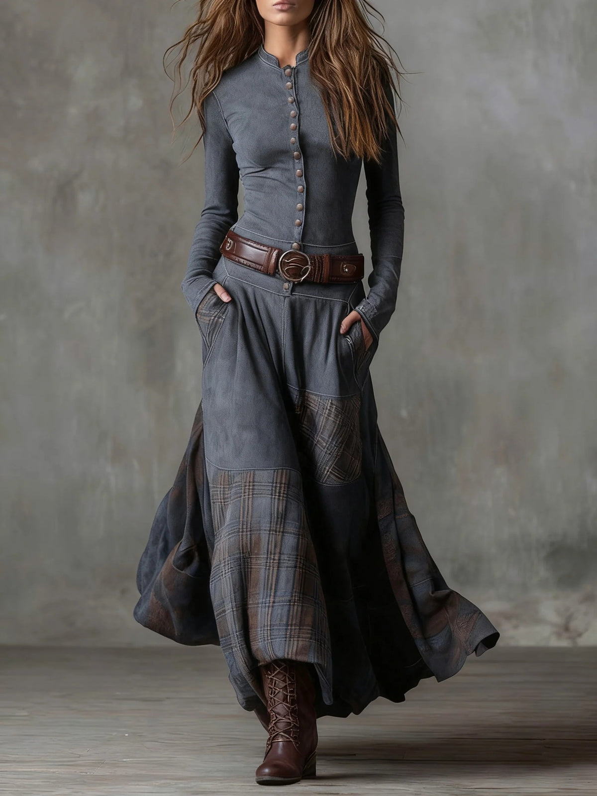 FreyaVibe Moorland Patchwork Maxi Dress — front view showing A-line silhouette and heritage plaid patchwork detail