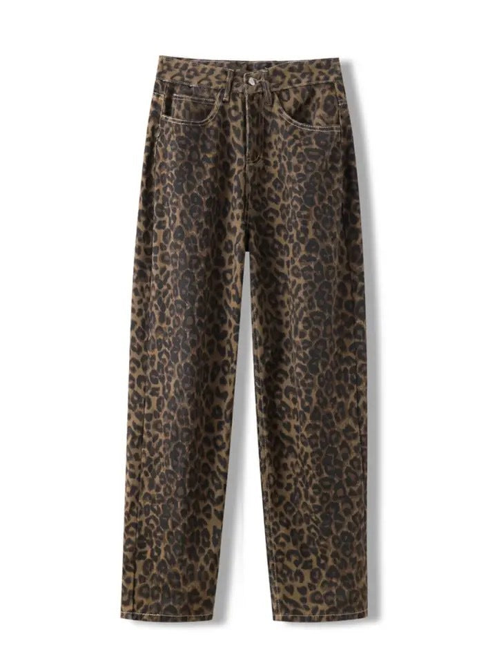 FreyaVibe vintage dark brown leopard print jeans — flat lay front full length loose straight-leg unisex denim