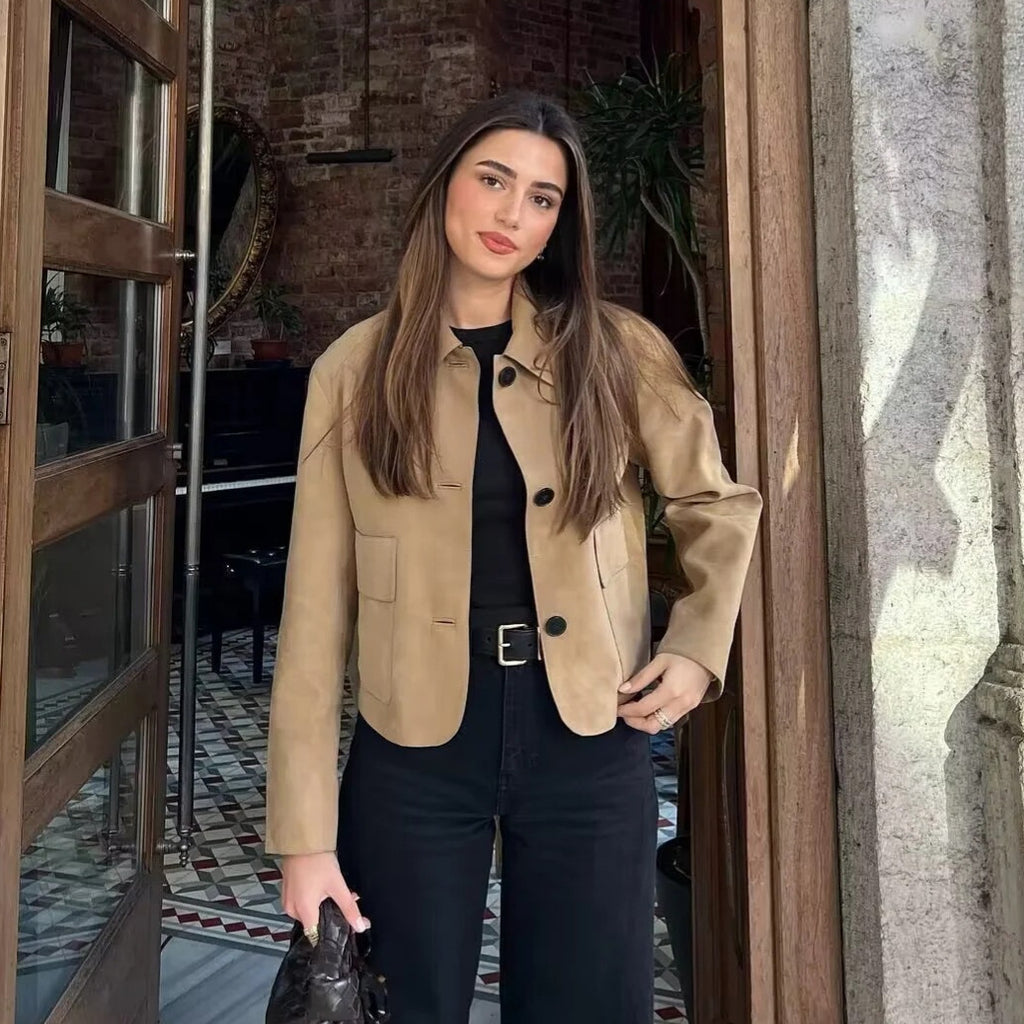 Suede Fabric Jacket Coat FV — front view, dark brown loose fit women's suede jacket | FreyaVibe
