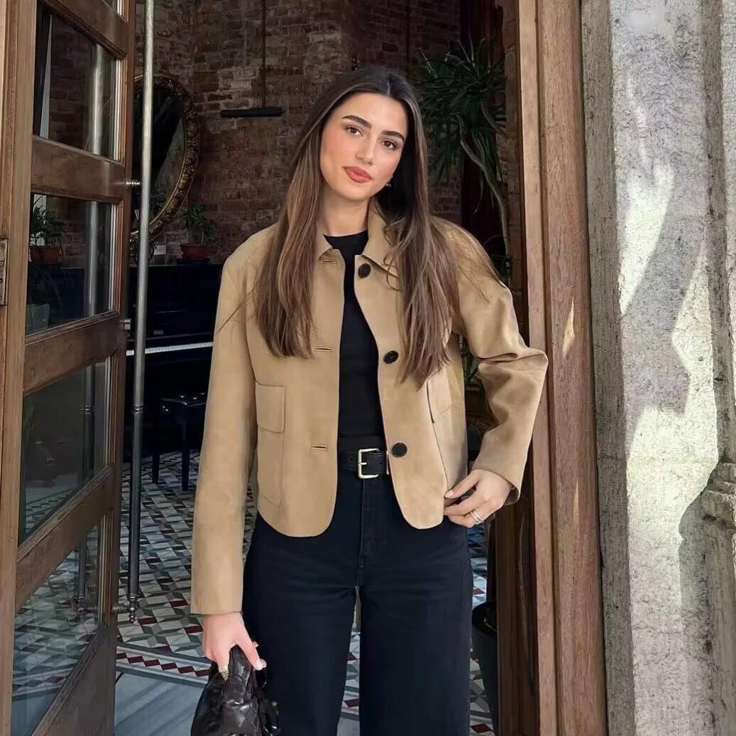 Suede Fabric Jacket Coat FV — front view, dark brown loose fit women's suede jacket | FreyaVibe