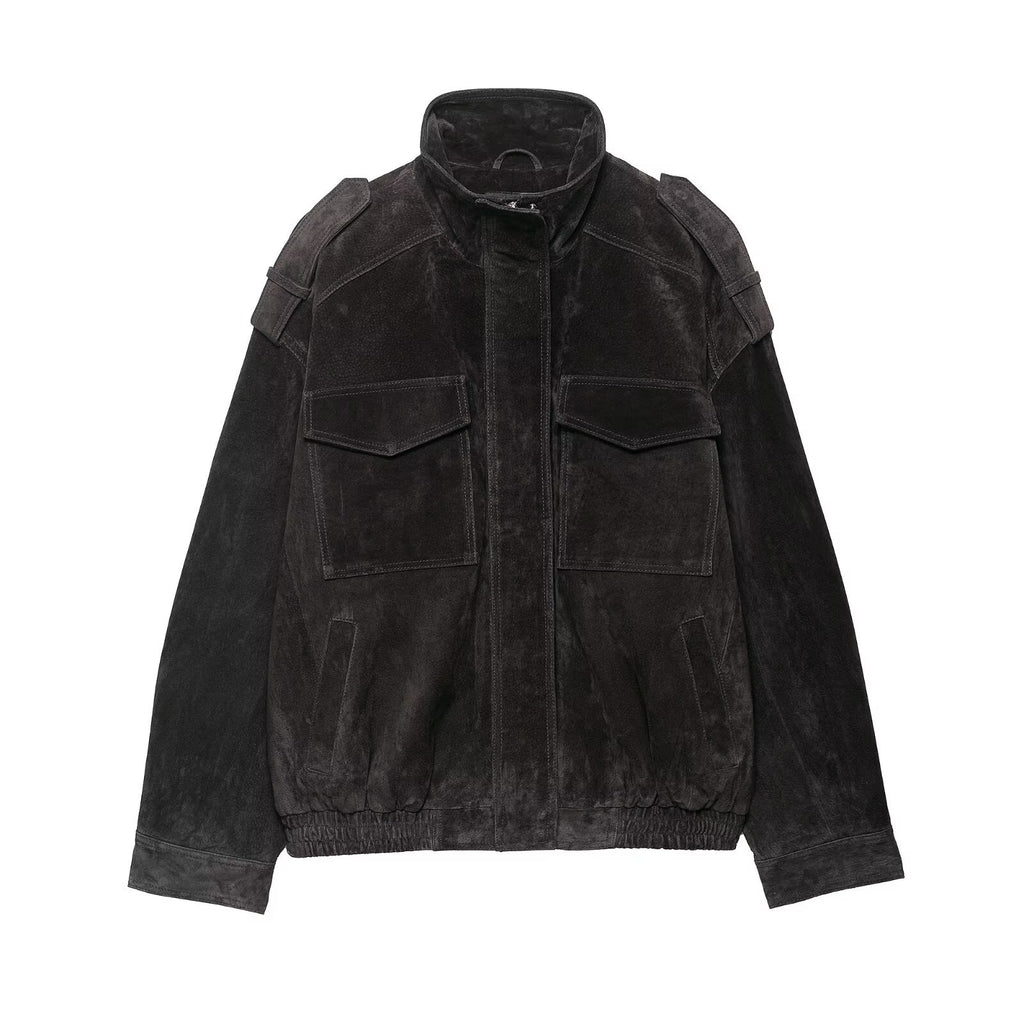 Suede leather coat zip detail close-up – FreyaVibe