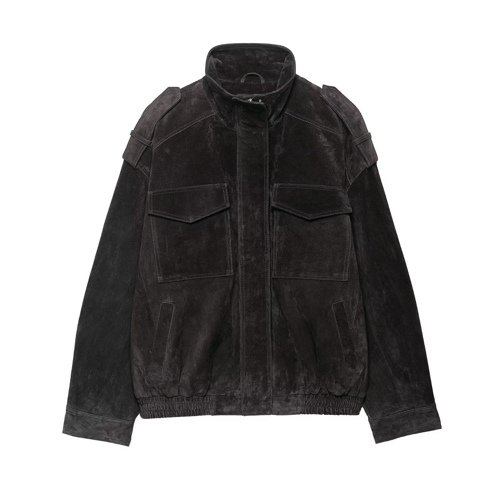 Suede leather coat zip detail close-up – FreyaVibe