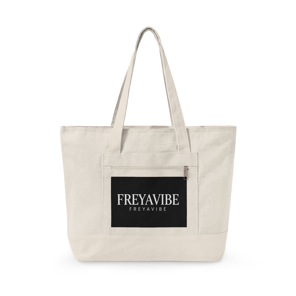 Canvas Tote Bag - 'FREYAVIBE' Logo Zippered Canvas Tote | Everyday Market Tote, Beach & Travel Bag