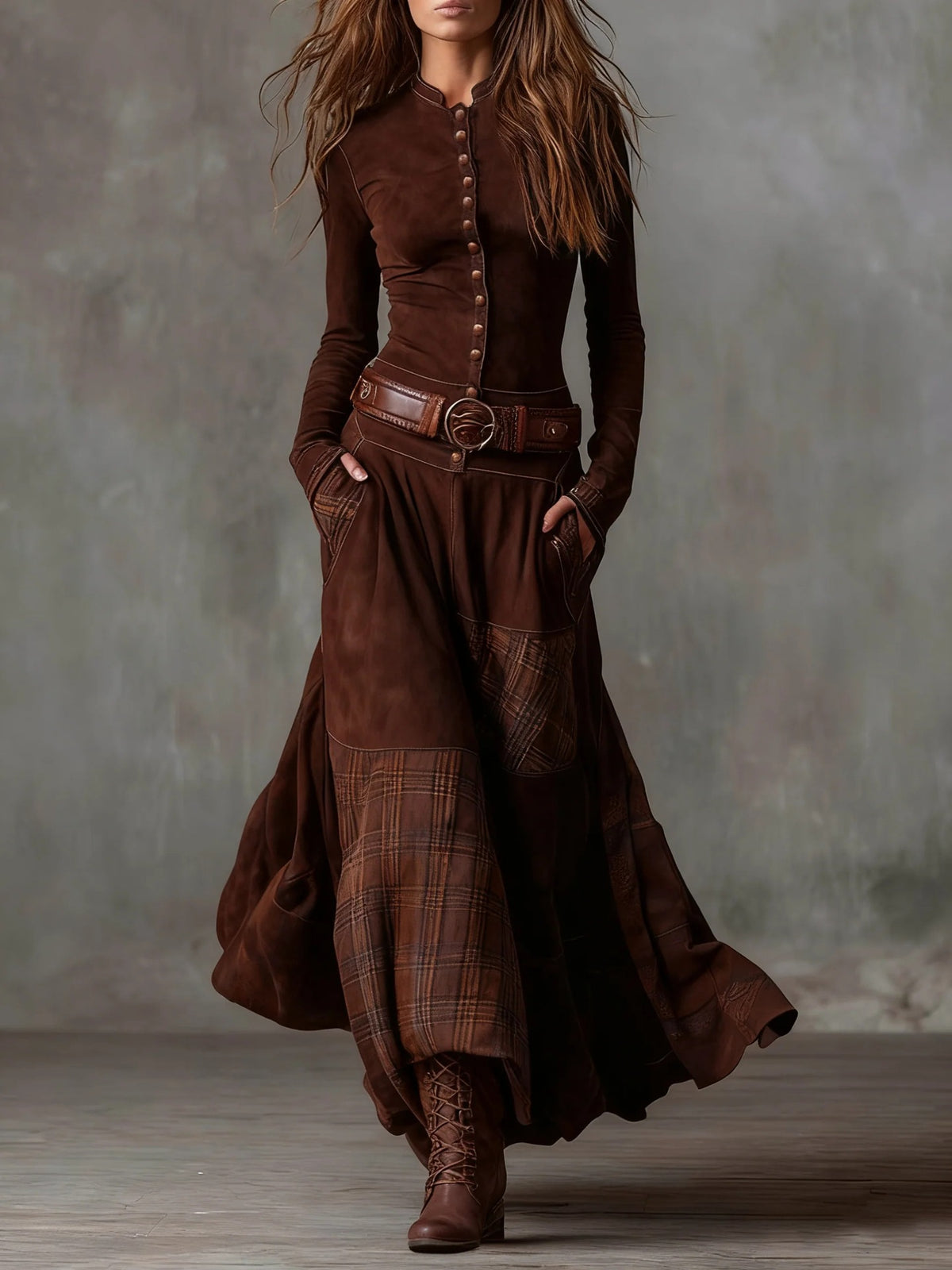 The Moorland Patchwork Maxi Dress FV — close-up of plaid patchwork panel and button-front bodice detail