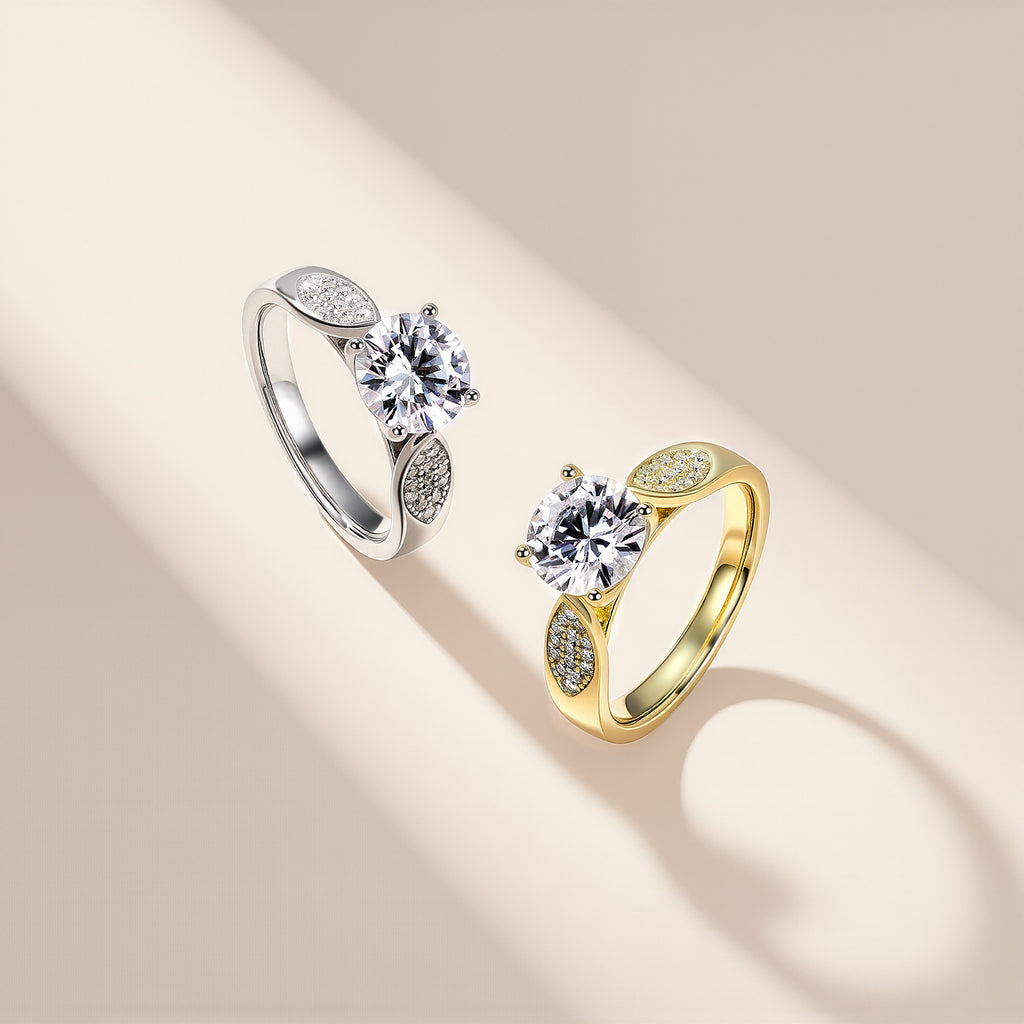 S925 silver leaf moissanite ring specification 8mm centre 30 side stones 4g weight