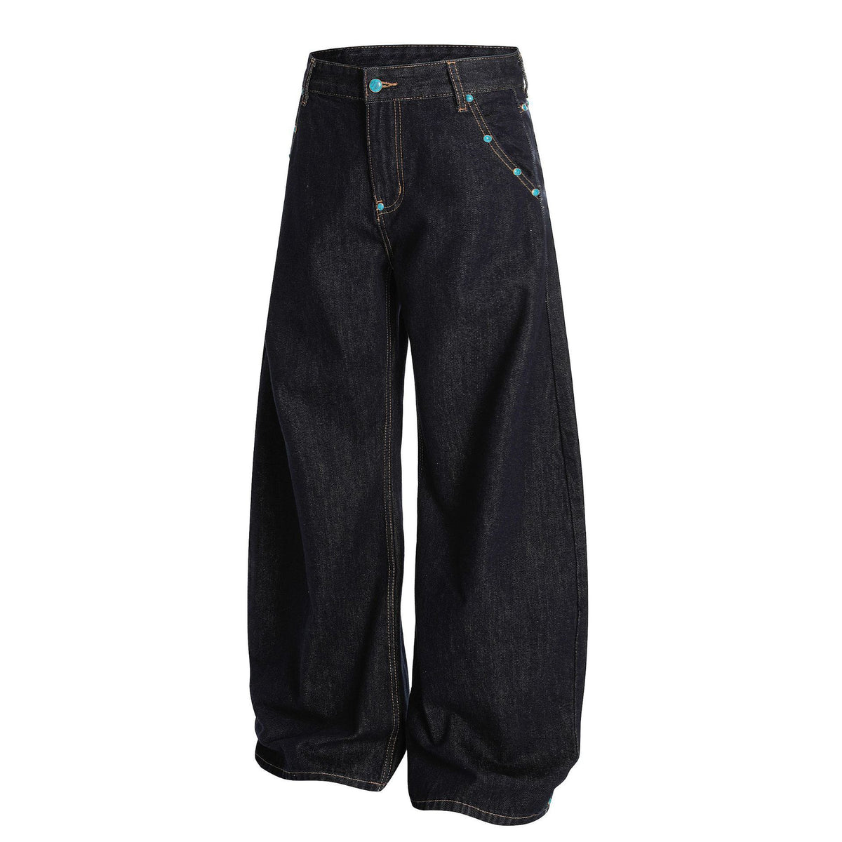 Men's loose fit dark navy jeans angled view — FreyaVibe retro bootcut wide leg denim jeans