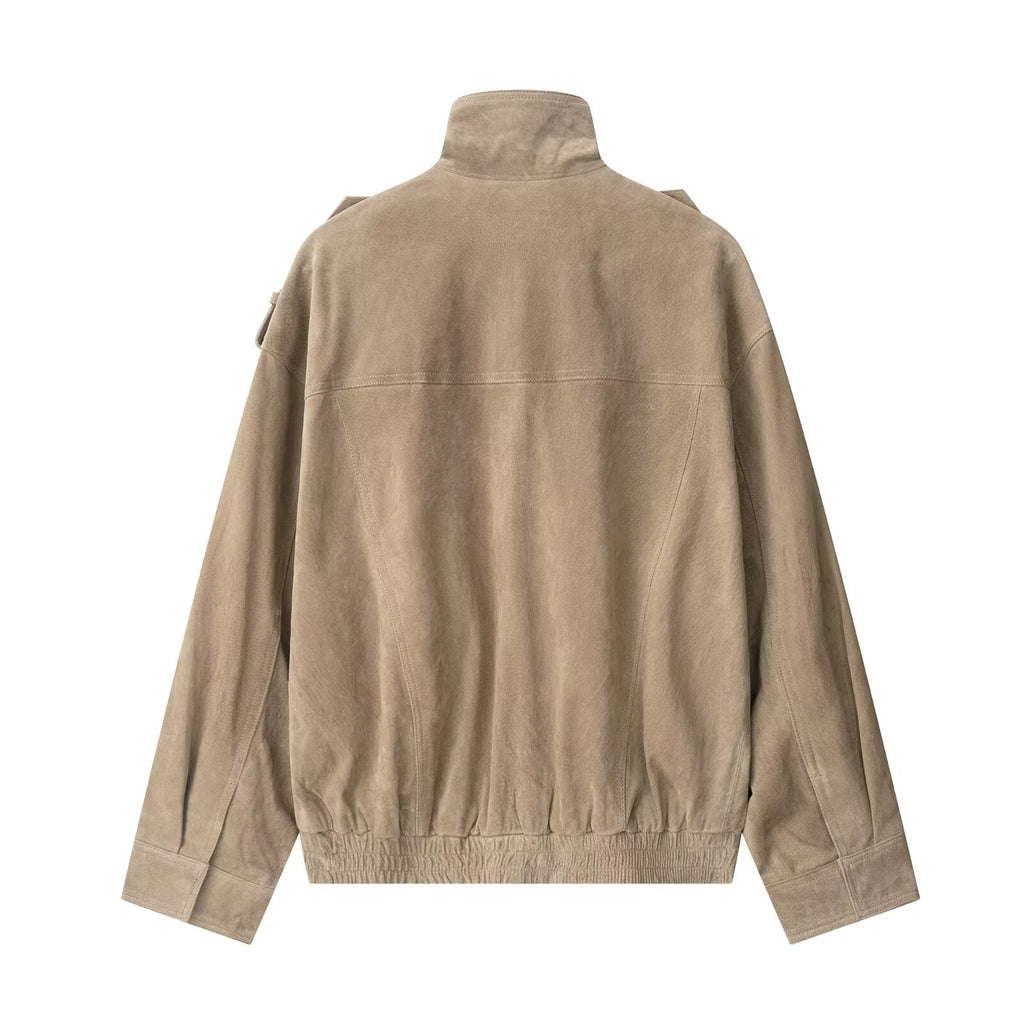 Women's suede texture zip leather coat in camel – side view