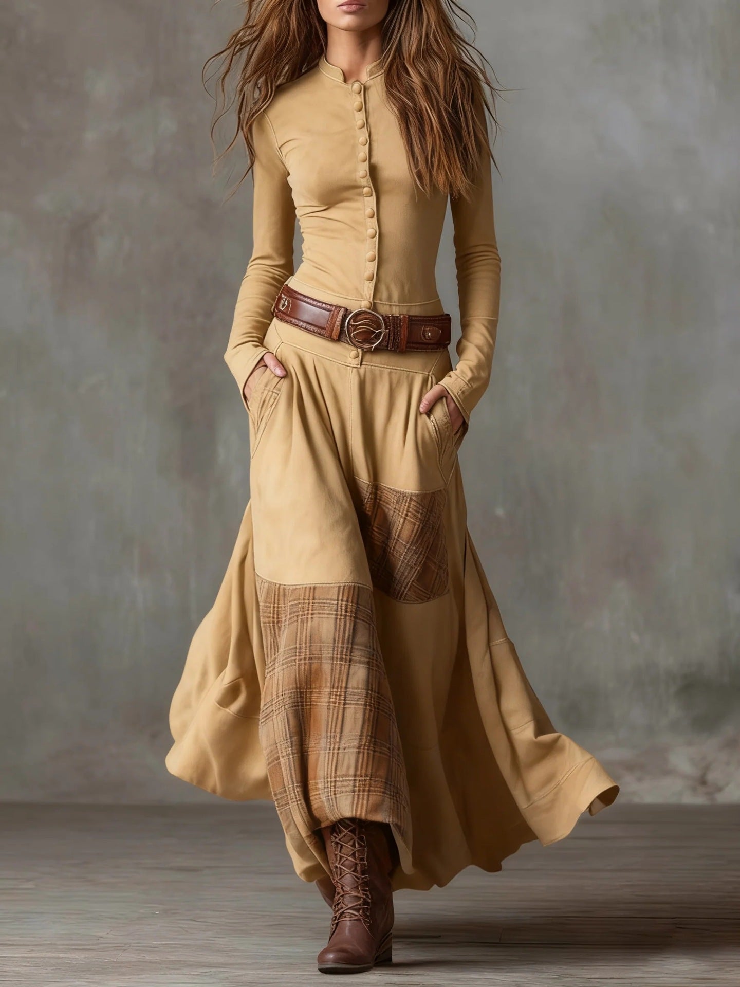 The Moorland Patchwork Maxi Dress FV in yellow — full length view, wide-leg skirt with contrast plaid panels