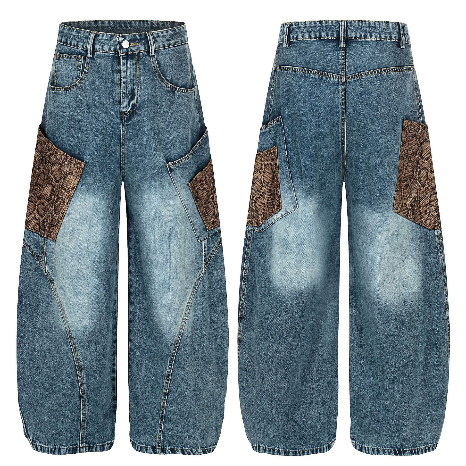 Men's retro washed barrel-leg jeans front and back view — blue cotton denim with snake print pockets by FreyaVibe