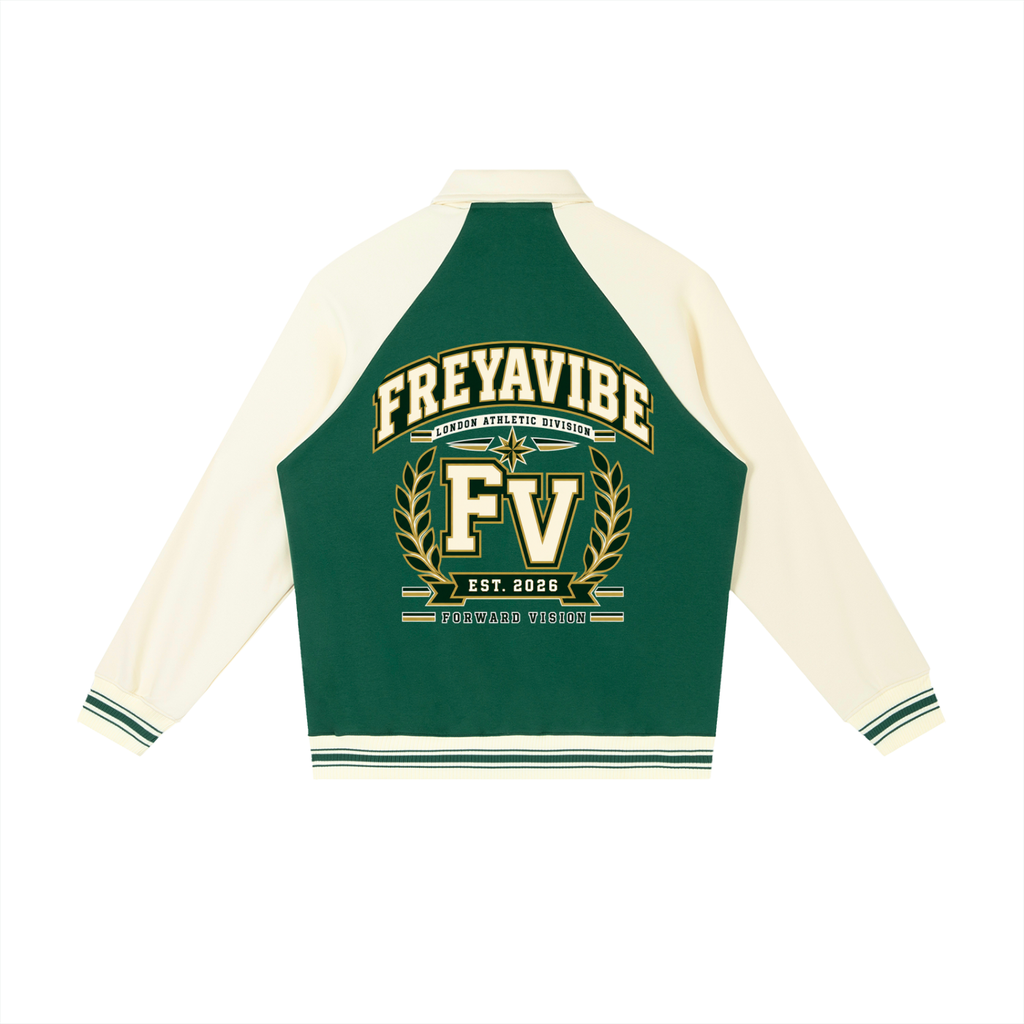 Men’s heavyweight baseball jacket button-front detail