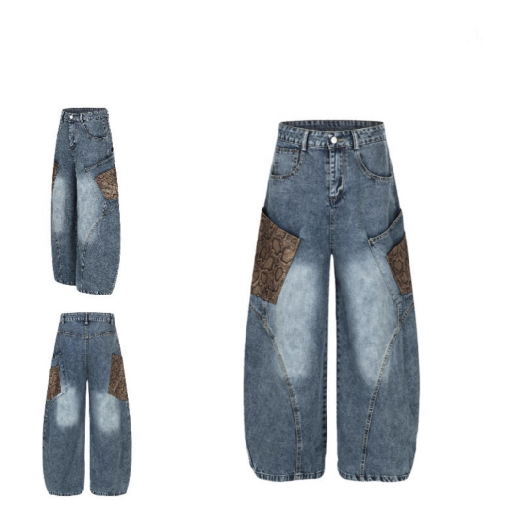 FreyaVibe retro washed wide-leg jeans back view — blue denim with statement snake print back pockets, full length