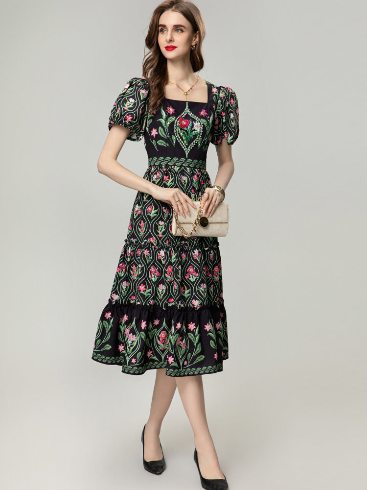 FV vintage print midi dress — garden party and wedding guest dress