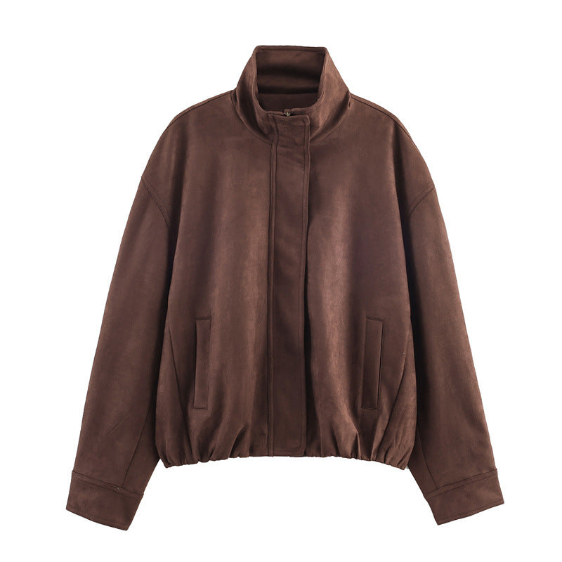 Minimalist suede jacket coat long sleeve detail – close up